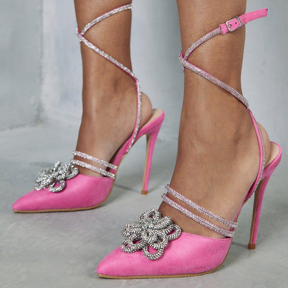 Faux Suede Pointed Toe Stiletto Heel Strappy Pumps with Flower