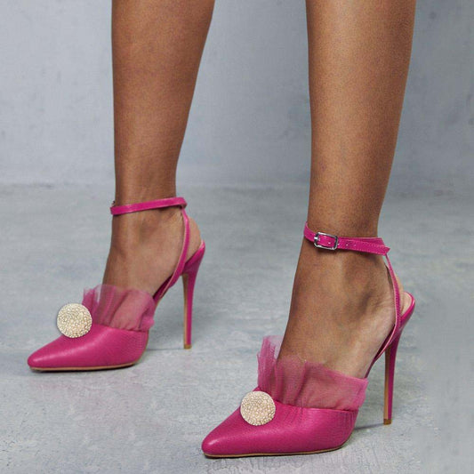 Fuchsia Pointed Toe Stiletto Heel Ankle Strap Slingback Pumps