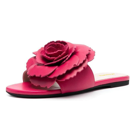 Elegant Fuchsia Round Toe Flower Flat Slip On Sandals for Women