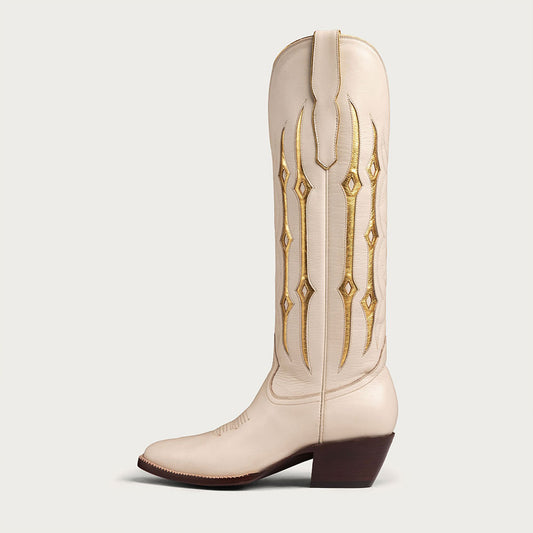 Beige Closed Toe Patchwork Embroidered Western Boots for Women