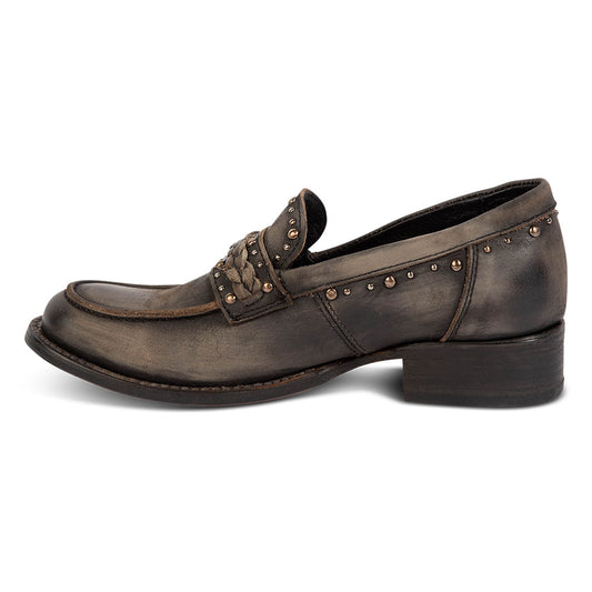 Dark Taupe Round Toe Slip On Block Heel Studded Loafer Shoes Women