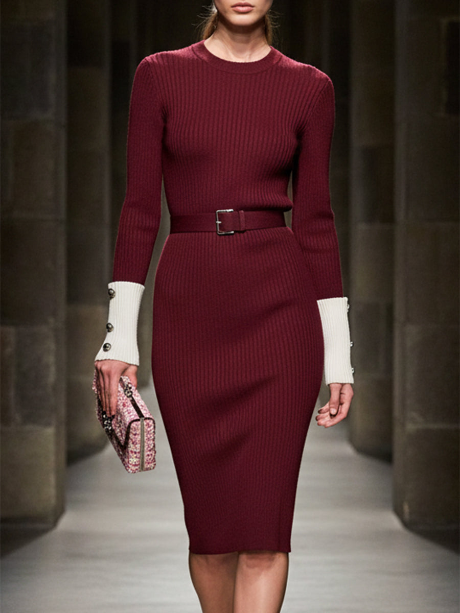 Angora Red Knitted Stitching White Round Neck Midi Dress