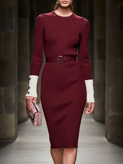 Angora Red Knitted Stitching White Round Neck Midi Dress