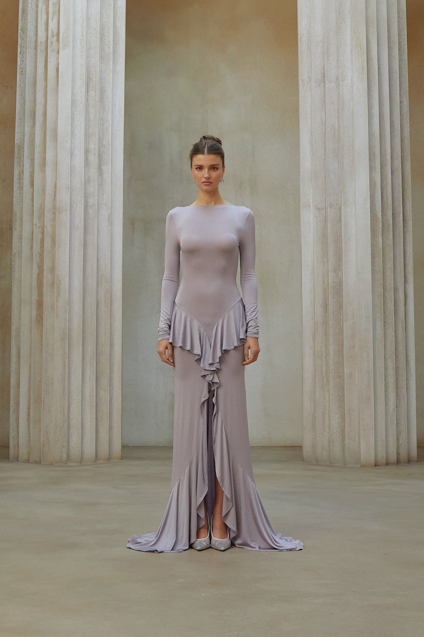 Xenia Purple Ruffle Detail Maxi Dress with Front Slit