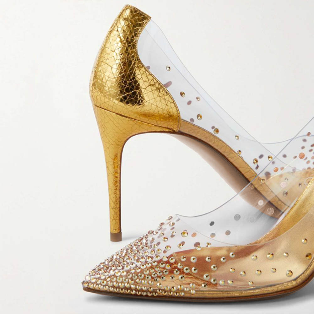 Gold & Clear PVC Pointed Toe Stiletto Heel Pumps