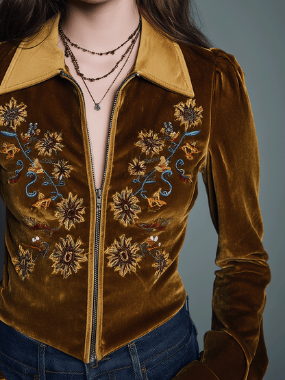 Embroidered Velvet Zip-Up Jacket