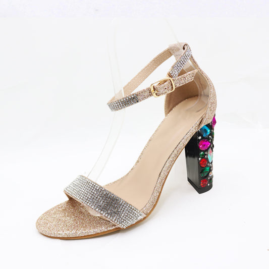 Beige Open Toe 4'' Decorative Heel Ankle Strap Sandals with Rhinestone
