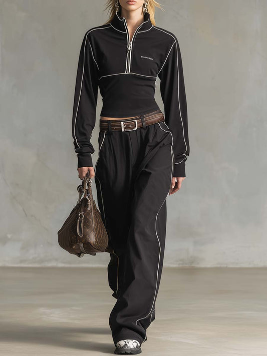 Exquisite And Fashionable Black Sports Cotton Front Zipper White Piping Top And Pants Set