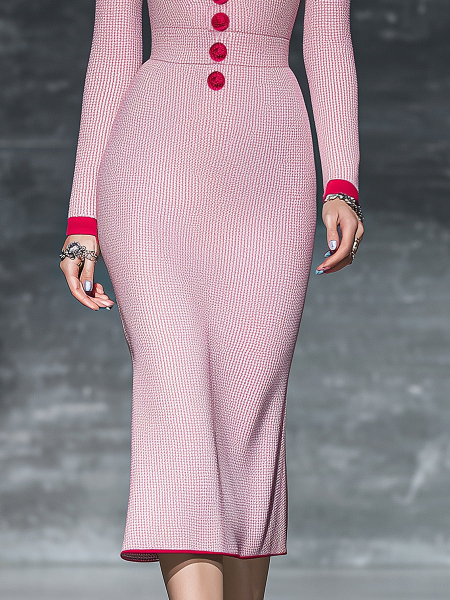 Fashionable And Exquisite Contrast Lapel Red Hem Pink Waffle Midi Dress