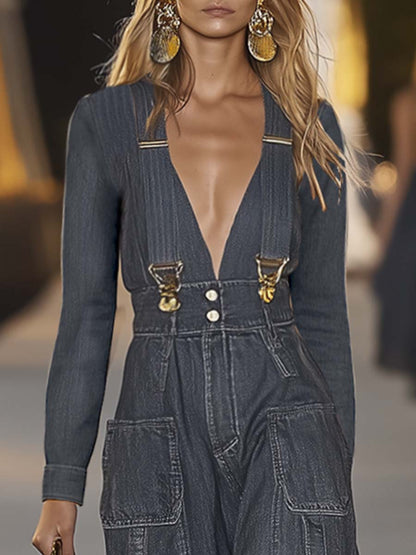 Fashionable And Personalized Loose V-neck Long-sleeved Gray Denim Jumpsuit