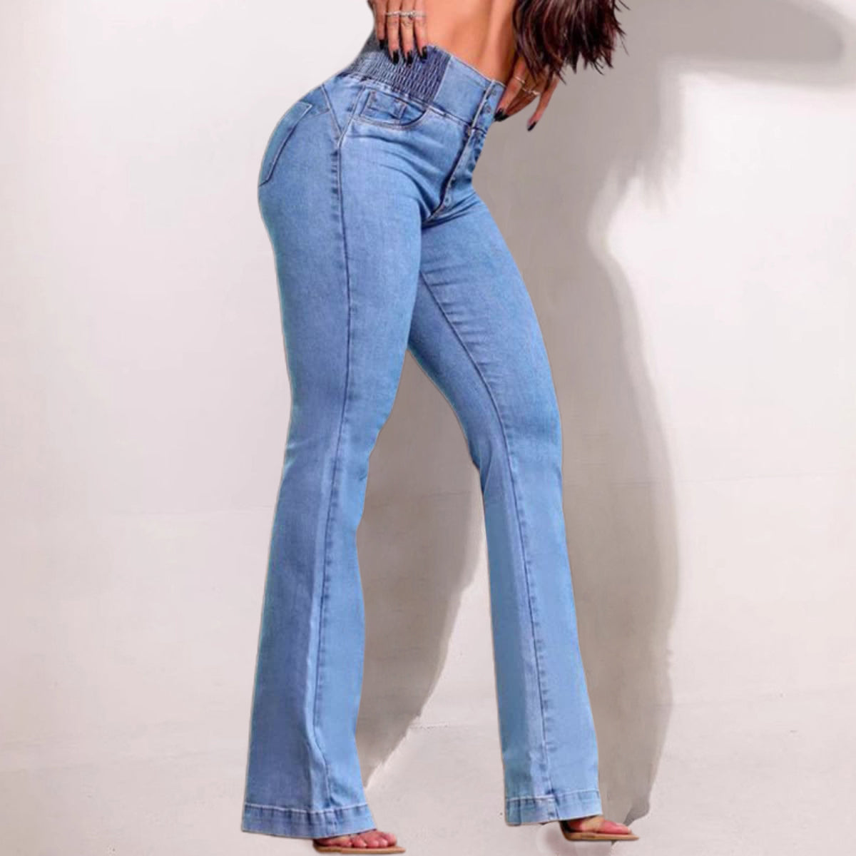 Casual Elastic High Waist Button Flare Leg Denim Jeans