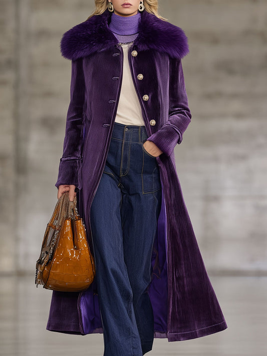 Fashion Retro Purple Corduroy Faux Fur Collar Long Coat