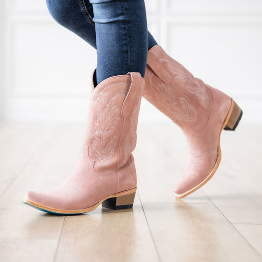 Beige Faux Suede Pointed Toe Chunky Heel Mid-Calf Cowgirl Boots