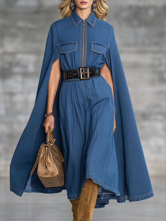 Fashion Retro Blue Denim Lace-Up Cape Zipper Midi Dress