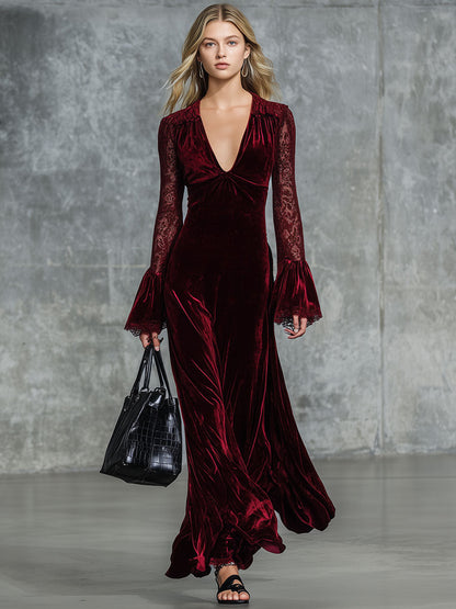 Fashion Retro Party Burgundy Velvet Lace Long Sleeve Maxi Dress