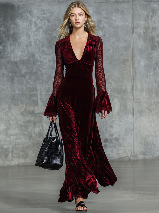 Fashion Retro Party Burgundy Velvet Lace Long Sleeve Maxi Dress