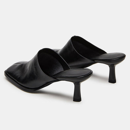 Elegant Black Square Toe Mid Flared Heel Women's Mules Shoes