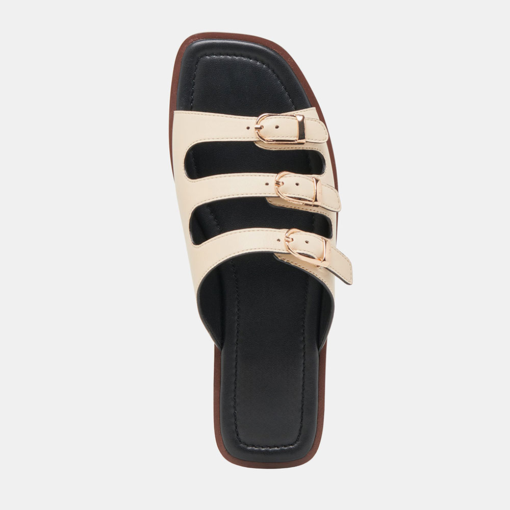 Elegant Beige Faux Leather Square Toe Slide Flat Summer Sandals