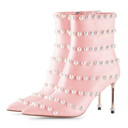 Elegant Pink Pointed Toe Pearl Embellished Heeled Ankle Boots