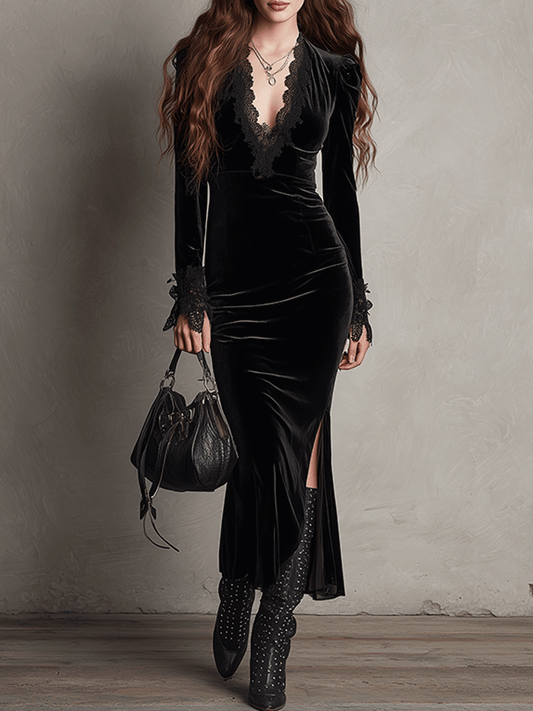 Elegant Velvet Evening Slit Lace Detail Maxi Dress