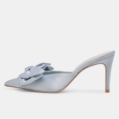 Elegant Satin Pointed Toe Stiletto Heel Bow Mules Shoes in Light Blue