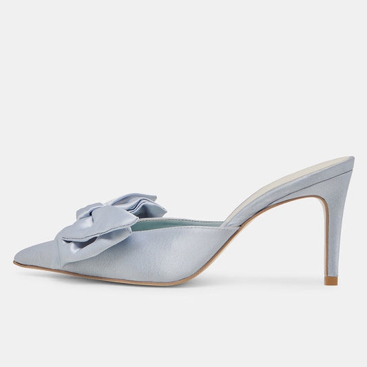Elegant Satin Pointed Toe Stiletto Heel Bow Mules Shoes in Light Blue