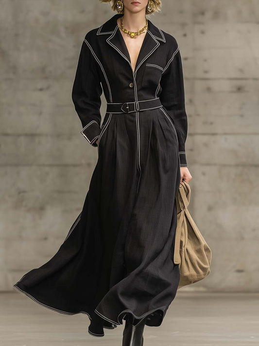 Exquisite Casual Western V-neck White Piping Black Cotton And Linen Windbreaker Style Maxi Dress