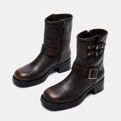 Dark Brown Closed Toe Low Chunky Heel Buckled Ankle Boots
