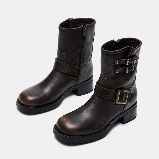 Dark Brown Closed Toe Low Chunky Heel Buckled Ankle Boots