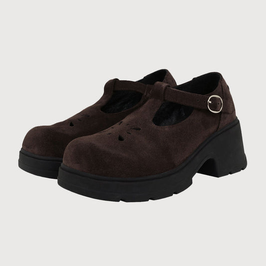 Dark Brown Vegan Suede Cut-Out Platform Chunky Heeled Mary Janes
