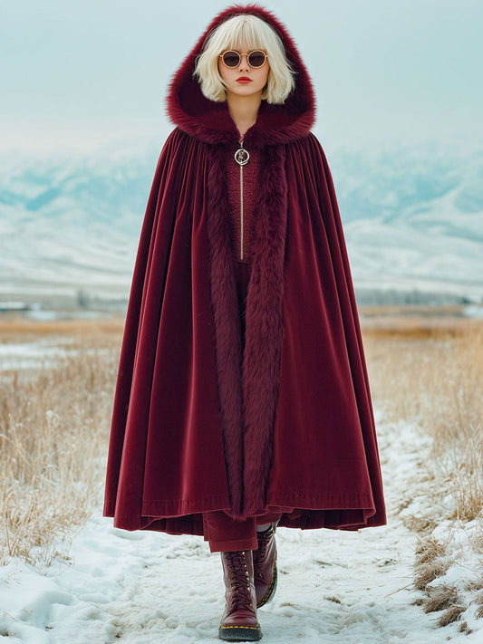 Fashion Retro Faux Fur Collar Trim Red Velvet Cape Coat