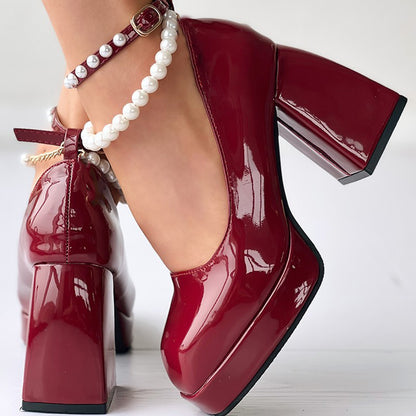 Full Color Patent Leather Platform Mary Janes Pearl Ankle Strap Chunky Heels