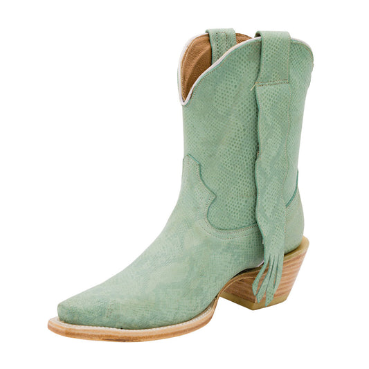 Faux Leather Snip Toe Block Heel Short Green Cowgirl Boots for Women