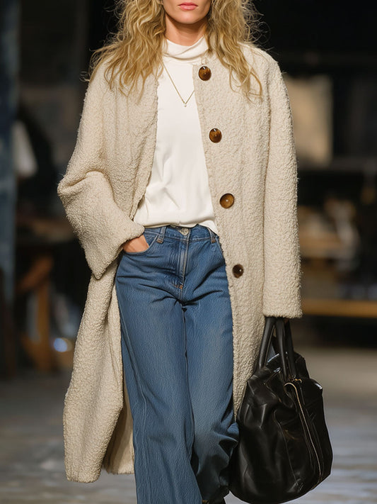 Fashionable Loose Retro Beige Polar Fleece Coat
