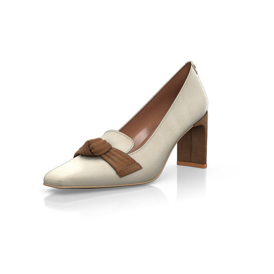 Beige Square Toe 3'' Block Heel Elegant Pumps with Bow