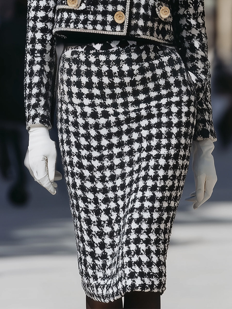 Elegant Houndstooth Tweed Skirt & Jacket Set With Detachable Faux Fur Collar