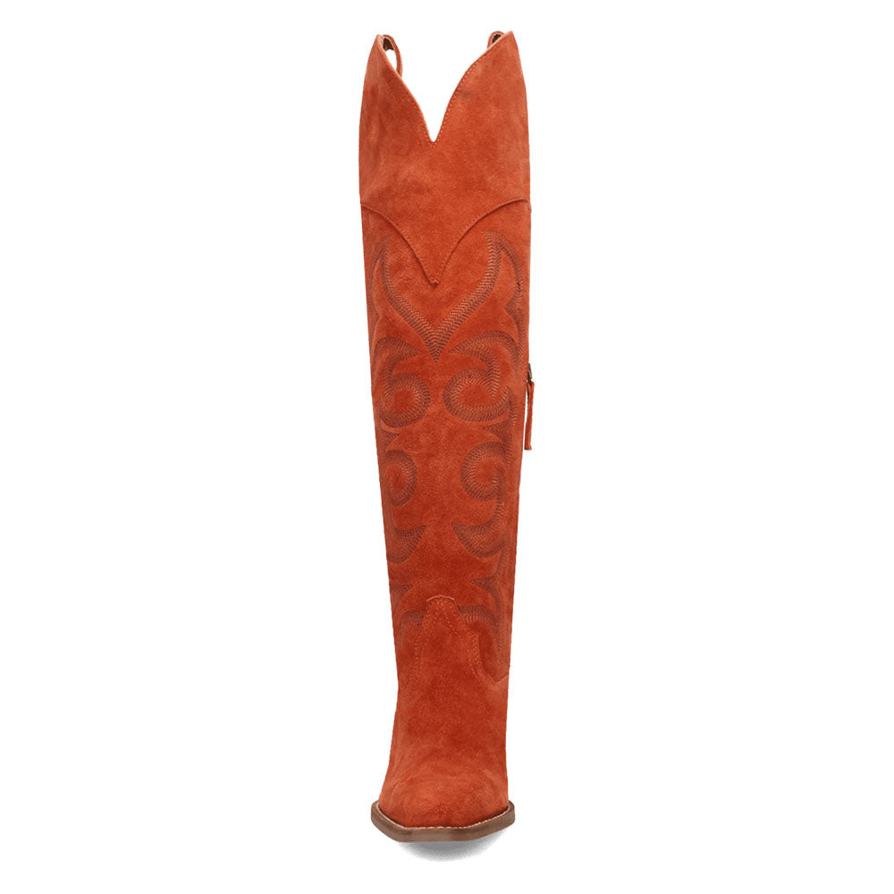 Faux Suede Pointed Toe Chunky Heel Orange Western Boots for Women