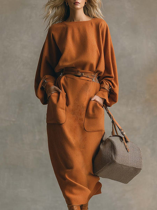 Elegant Loose Orange Round Neck Pocket Woolen Maxi Dress