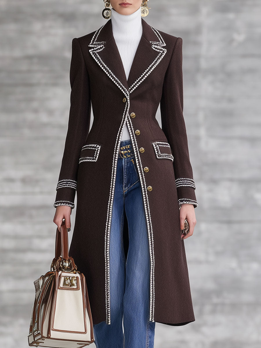 Fashion Retro Ribbon Trim Chocolate Wool Long Coat