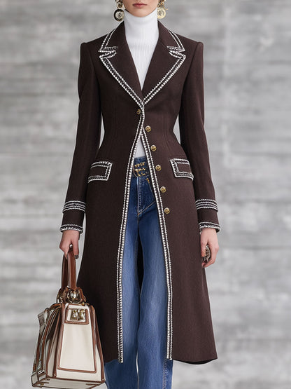Fashion Retro Ribbon Trim Chocolate Wool Long Coat