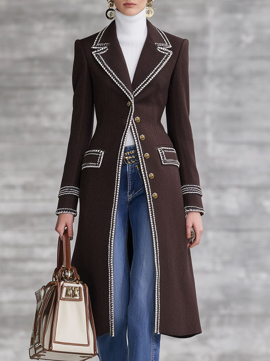 Fashion Retro Ribbon Trim Chocolate Wool Long Coat
