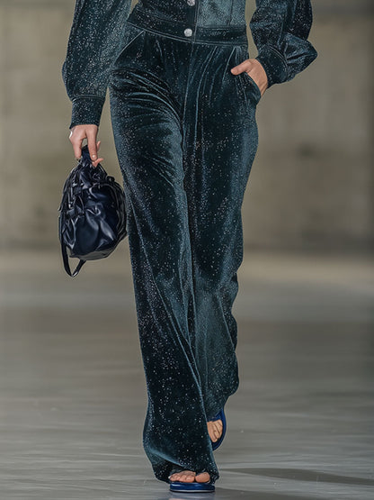 Fashion Retro Shiny Dark Green Velvet Lantern Long-Sleeved Jumpsuit