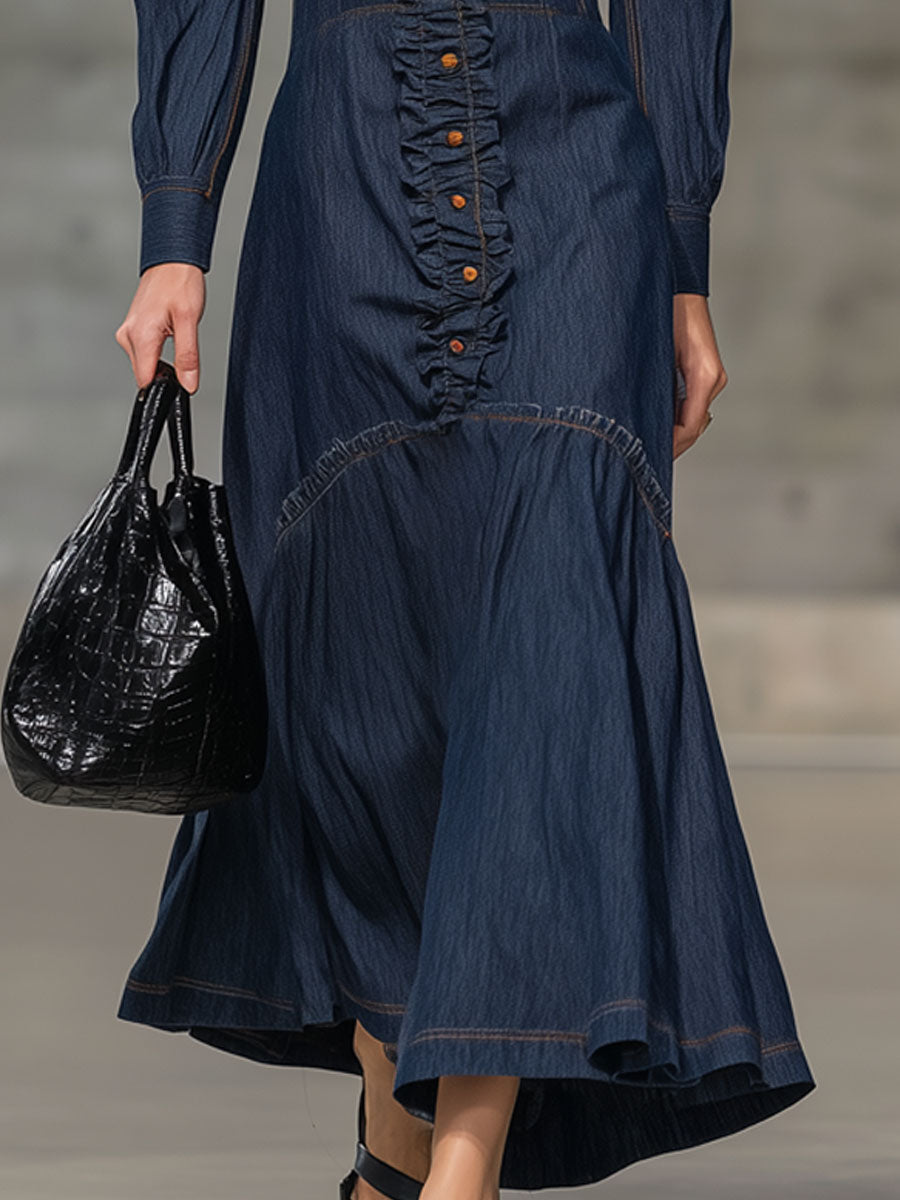 Fashion Retro Ruffled Navy Blue Denim Long-Sleeved Maxi Dress