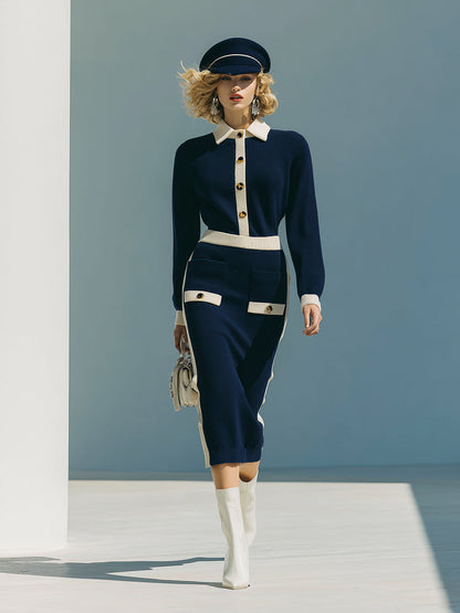 Fashionable And Classic White Contrasting Edge Navy Blue Knitted Midi Dress