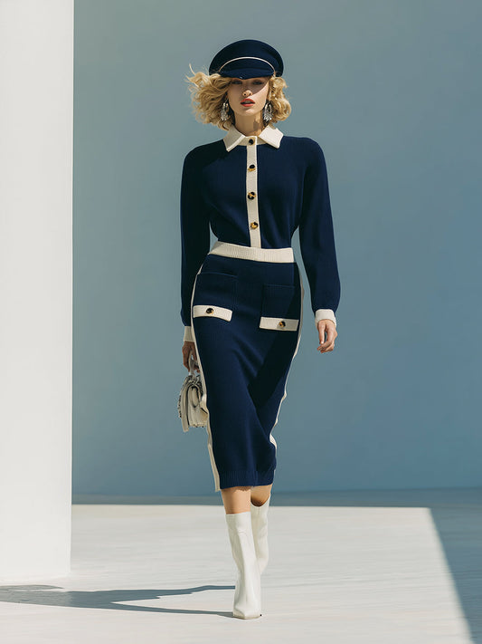 Fashionable And Classic White Contrasting Edge Navy Blue Knitted Midi Dress