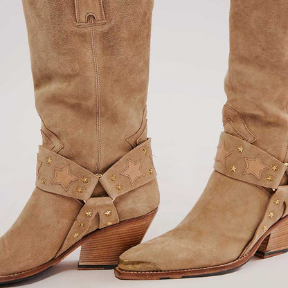 Beige Faux Suede Pointed Toe Chunky Heel Mid-Calf Cowgirl Boots