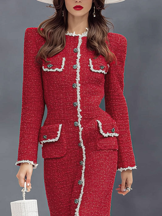 Elegant Textured Fabric Ribbon Round Neck Multi-button Midi Dress