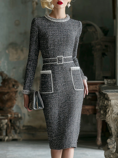 Elegant And Charming Gray Tweed Round Neck Belted Long Sleeve Midi Dress