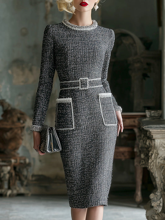 Elegant And Charming Gray Tweed Round Neck Belted Long Sleeve Midi Dress