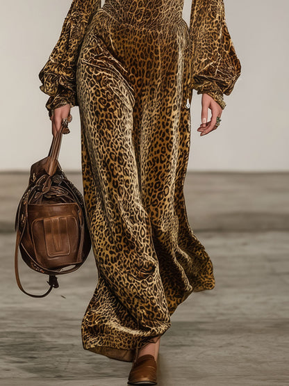 Fashion Retro Off-the-shoulder Ruffled Leopard Velvet Long-sleeved Maxi Dress